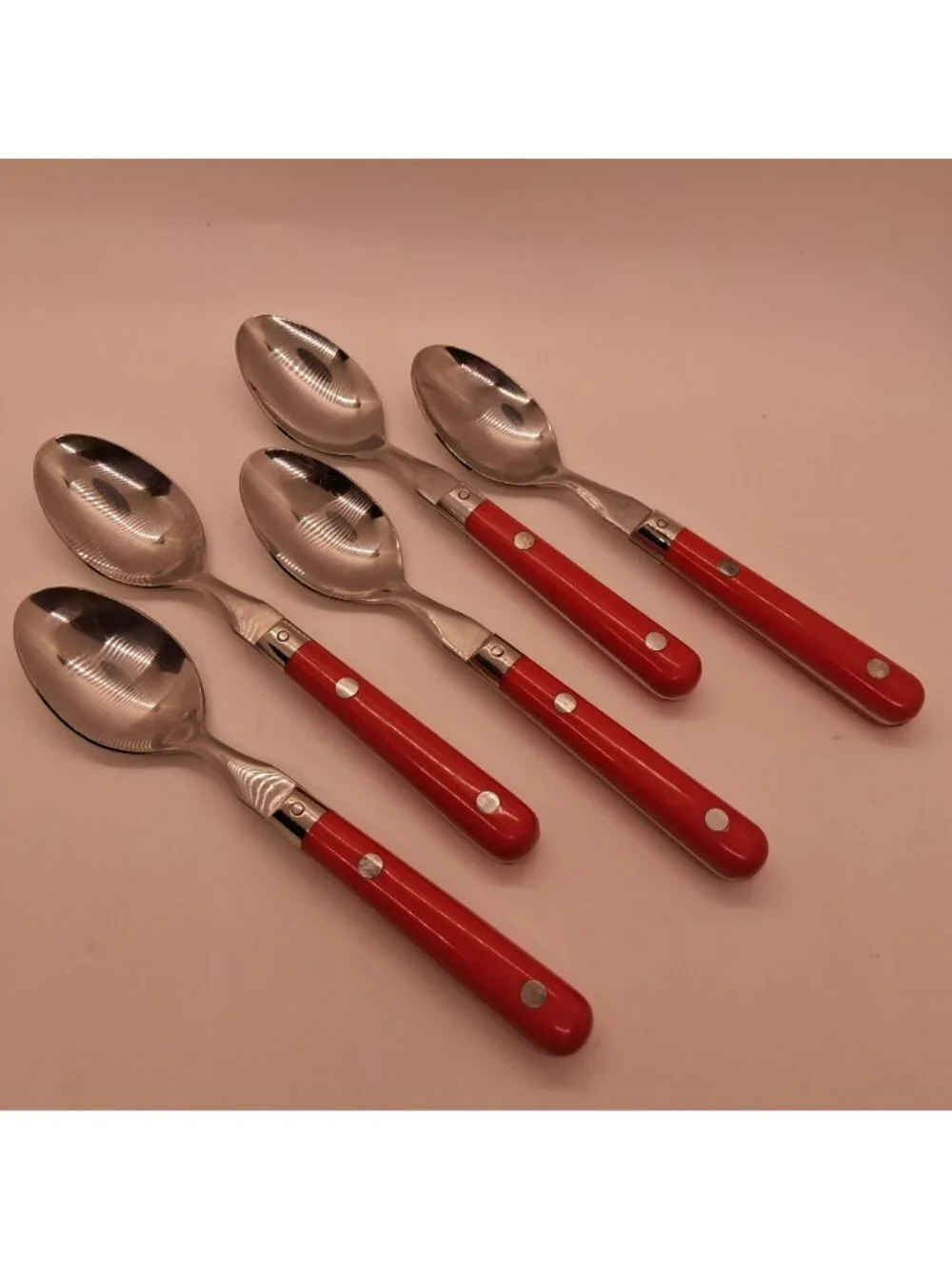 Set Of 5 Vintage Tea Spoons Red Handled Stainless Steel Made In Korea